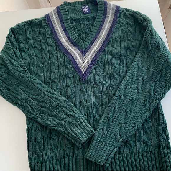 Gap Vintage Green Cable Knit Tennis Cricket Sweater V-neck 90s Oversized Fit - Picture 3 of 12